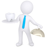 3d white man holding a tooth on a plate