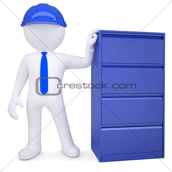 3d man in a hard hat next to a metal cabinet