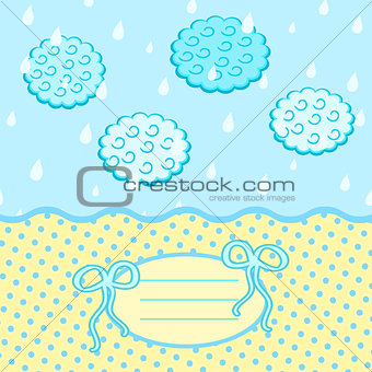 Baby Card with Bow Drops Clouds and Label for Text