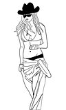 Vector Illustration of a Woman Walking in a Bikini, Sarong and Hat