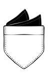 A black and white vector illustration of a patch pocket with a hand-sewn pocket square inside