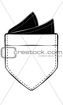 A black and white vector illustration of a patch pocket with a hand-sewn pocket square inside