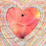 Bright watercolor background decorative heart and bird