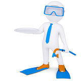 3d white man with flippers holds plate