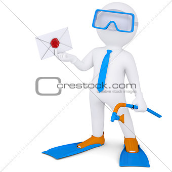 3d man with flippers holding an envelope