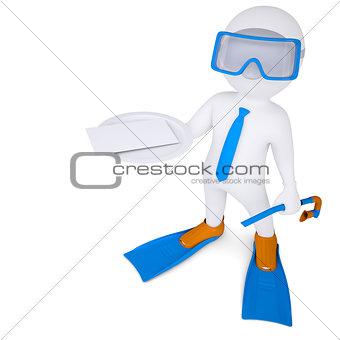 3d man with flippers holds white card on plate