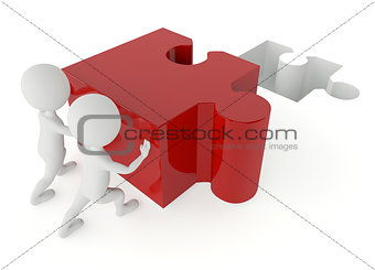3d humanoid character push a red puzzle pieces