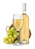 White wine bottle and grapes in basket