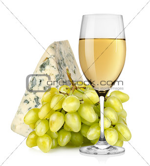 Wineglass cheese and grapes isolated