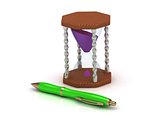 hourglass with purple sand and green pen