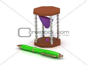 hourglass with purple sand and green pen