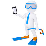 3d man in flippers holding smartphone