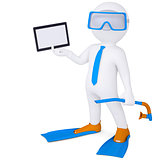 3d man in flippers holding tablet