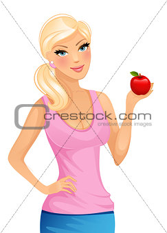 Beautiful blond woman with red apple