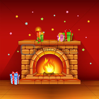 Fireplace with candles and gifts on red background