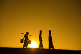 Silhouette of Asian traditional farmers 