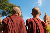 Rear view of two little monks