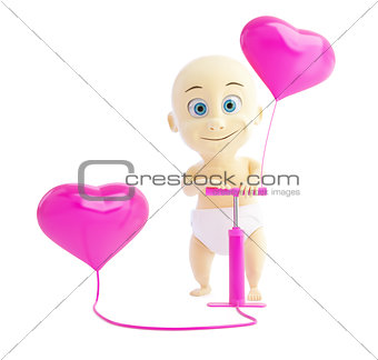 child pump inflates balloons heart on a white background