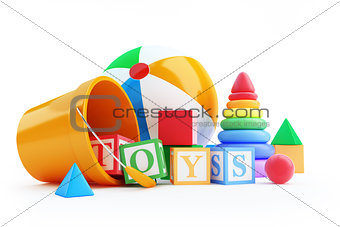 toys alphabet cube, beach ball, pyramid