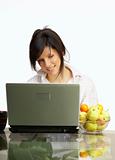 beautiful woman with laptop in mens shirt over white