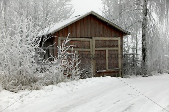 red shed in winter
