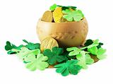 Saint patrick's pot with gold and shamrock isolated