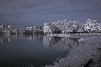 Infrared photo – building, lake and reflection in the parks