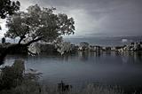 Infrared photo – building, lake and reflection in the parks