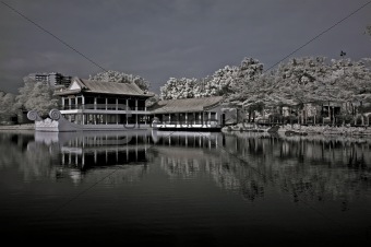 Infrared photo – chines building, lake, and reflection in the parks