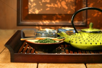 Green cast iron teapot