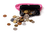 Pink leather purse and several different coins