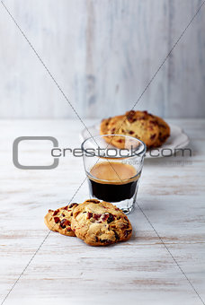 Glass of espresso and cranberry cookies