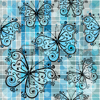 Checkered seamless pattern with butterflies