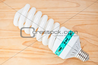Energy saving light bulb on hardwood