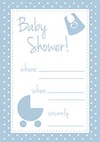 Baby shower card or invitation. Boy blue vector illustration with polka dots and white background place