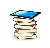 Tablet on a stock of books. E-book capacity concept. Vector.
