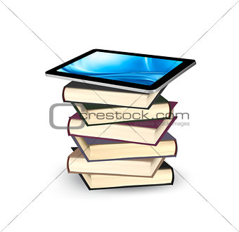 Tablet on a stock of books. E-book capacity concept. Vector.