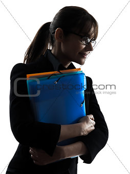 business woman  holding folders files portrait silhouette