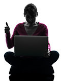 woman thumb up computing laptop computer silhouette