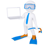 3d white man with laptop in flippers