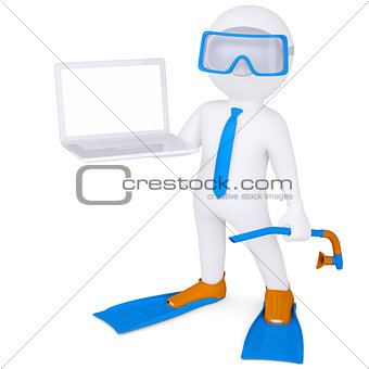 3d white man with laptop in flippers