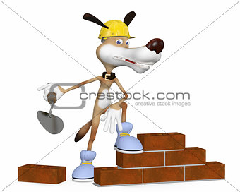 The dog on building lays a brick.