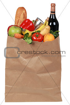 Groceries including fruits, vegetables and a wine bottle
