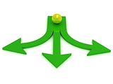 Yellow ball at the crossroads of three green arrows