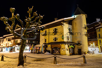 Illuminated Central Square of Megeve in French Alps, France