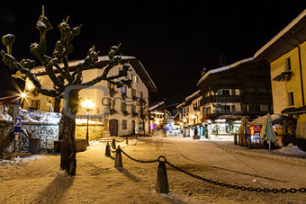 Illuminated Central Square of Megeve in French Alps, France