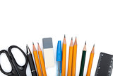 Pencils, pens, ruler, scissors and rubber