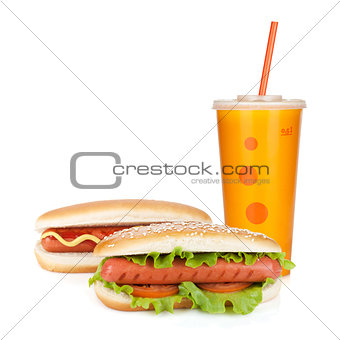 Fast food drink and two hot dogs
