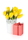 Yellow tulips in a vase and red gift box