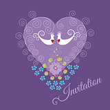 Purple invitation with two love birds and heart